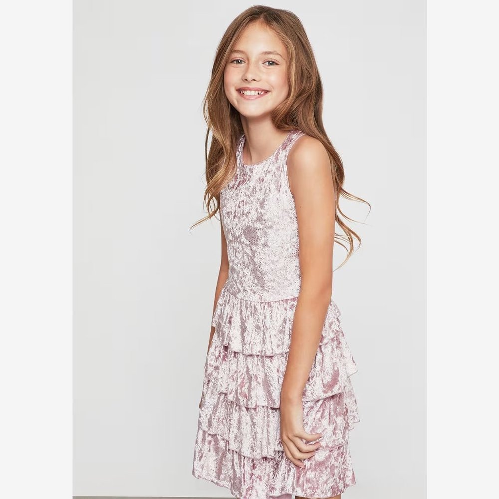 NWT BCBG Kids Girls Sleeveless Metallic Velvet Ruffle Dress, Pink Size 7
